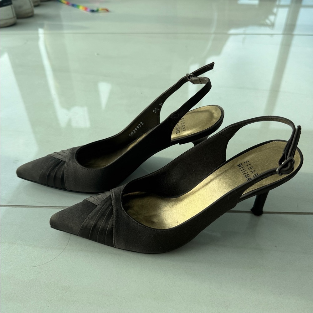 Stuart Weitzman Vintage Sling Back Brown Satin Pumps